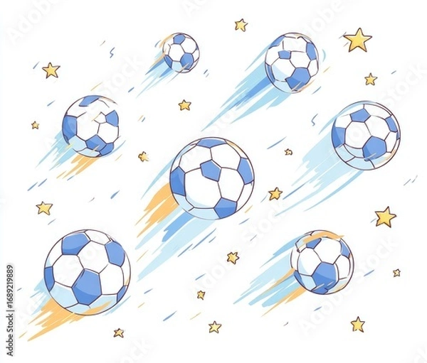Fototapeta Whimsical illustration of soccer balls streaking across a light blue and orange background, interspersed with small yellow stars, suggesting speed and movement