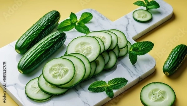 Fototapeta Cucumbers with sliced pieces and fresh mint leaves on a marble cutting board against a yellow background.
