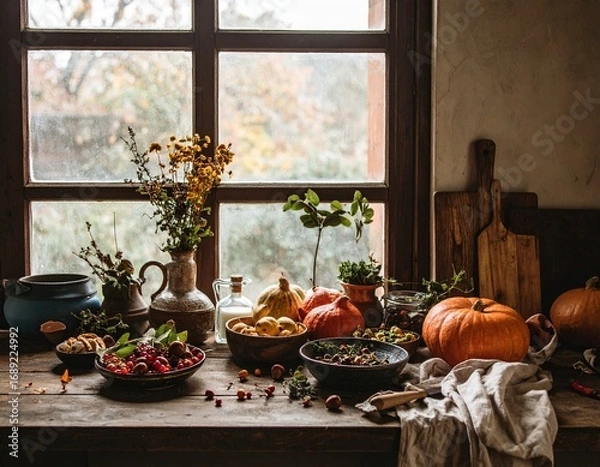 Fototapeta Thanksgiving Meal Prep in a Kitchen with a Beautiful Window View