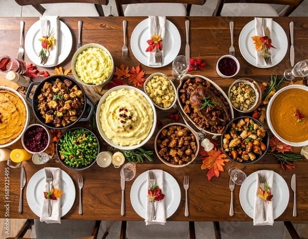 Fototapeta Artfully Arranged Thanksgiving Dishes in a Top-Down Composition