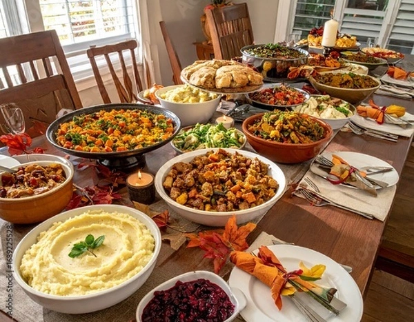 Fototapeta A Perspective View of a Thanksgiving Table Laden with Food
