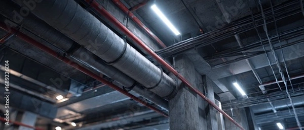 Fototapeta Industrial ceiling with exposed pipes and wiring in a modern building Concept of infrastructure, construction, and urban architecture