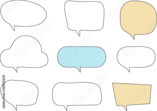 Fototapeta Set of blank speech bubble in flat design, chatting box, message box icon. Balloon doodle style of thinking sign symbol. Speech bubble isolated on background.