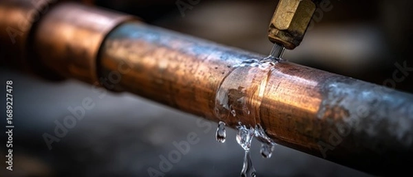 Fototapeta Closeup of Leaking Copper Pipe with Water Droplets, Illustrating Plumbing Problems and Home Repair Issues Concept of Maintenance, Damage and Water Waste