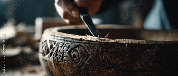 Fototapeta Artisan carving intricate patterns into a wooden bowl with a chisel indoors Closeup of craftsman shaping wood with hand tools Concept of woodworking, craftsmanship, and traditional art