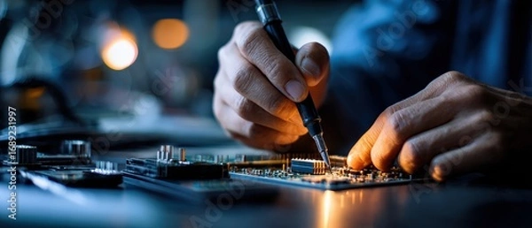 Fototapeta Closeup of adult man soldering circuit board with precision tool indoors Concept of electronics repair, technology, and engineering