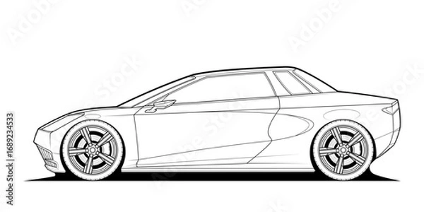 Fototapeta Adult coloring page for book and drawing. Car vector line art illustration. High speed drive vehicle. Graphic element. wheel. Black contour sketch illustrate Isolated on white background.