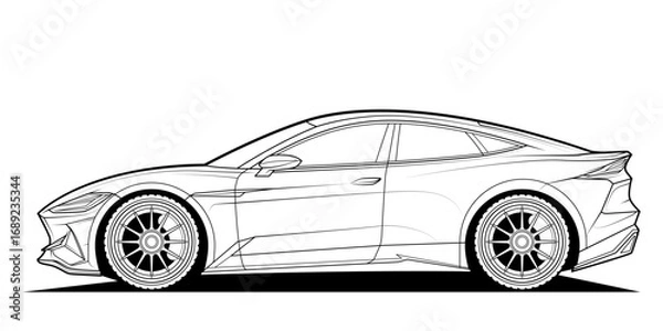 Fototapeta Adult coloring page for book and drawing. Car vector line art illustration. High speed drive vehicle. Graphic element. wheel. Black contour sketch illustrate Isolated on white background.