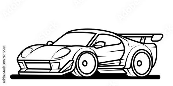 Fototapeta Stylized sports auto. Vehicle black contour illustration isolated on white background. Vector line art cartoon car, concept design.  Coloring page for books. Cower drawing. 
