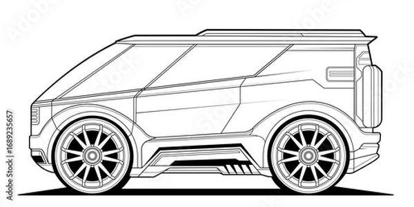 Fototapeta Futuristic concept car line art illustration, sleek angular design with large wheels, side profile, ideal for coloring, automotive enthusiasts, digital art enthusiasts. Isolated on white background