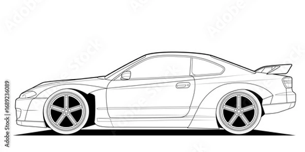 Fototapeta Vector coloring page illustration of a high-speed car. Black contour line art, isolated on a white background. Clean stroke outline without fill, perfect for books, drawing activities