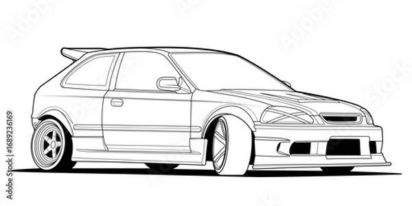 Fototapeta Vector coloring page illustration of a high-speed car. Black contour line art, isolated on a white background. Clean stroke outline without fill, perfect for books, drawing activities