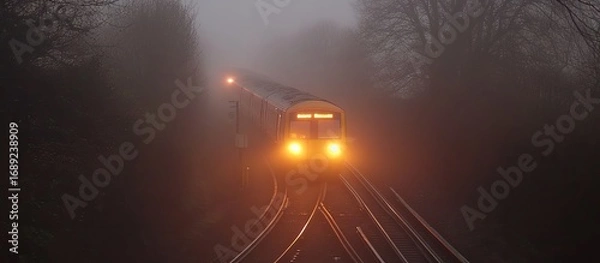 Obraz Eerie Train Emerges Through Dense Fog, Illuminated by Golden Headlights