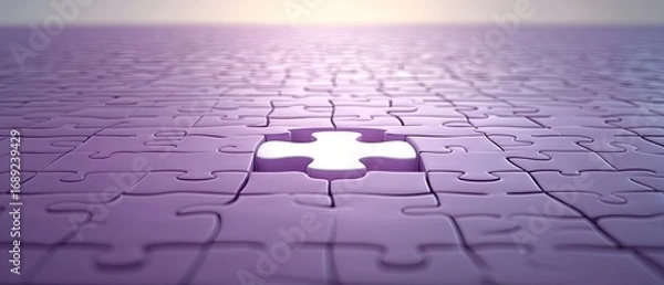 Obraz Bright Light from Missing Puzzle Piece on Expansive Purple Grid, Symbolizing Solution and Future.