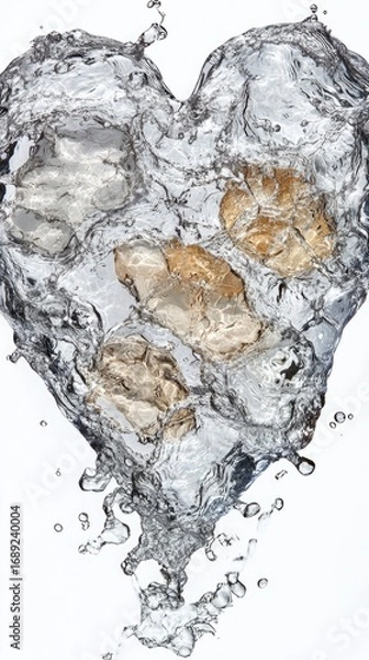 Obraz Heart of Water: Abstract Liquid Sculpture with Golden Accents on White