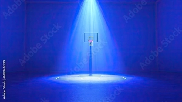 Obraz Dramatic Blue Spotlight on Empty Basketball Court and Hoop in Dark Arena