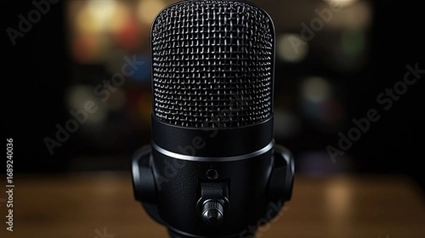 Obraz Close-up of a Professional Black Microphone, Studio Quality