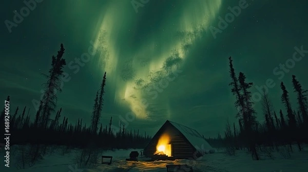 Obraz Cozy Winter Log Cabin Bathed in Warm Light Under Stunning Green Northern Lights in Snowy Forest