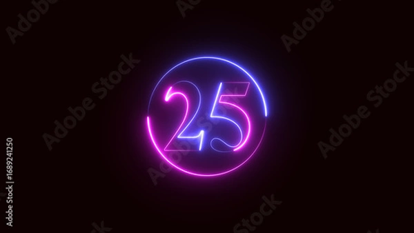 Fototapeta Neon text 25 number countdown icon on black background, 4k animation.