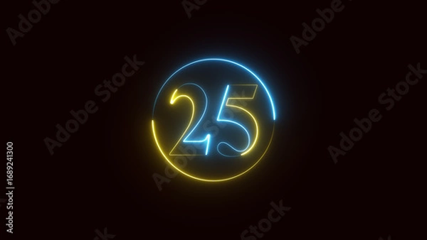 Fototapeta neon text number 25 countdown icon. Glowing neon sign number 25 on black background with alpha channel