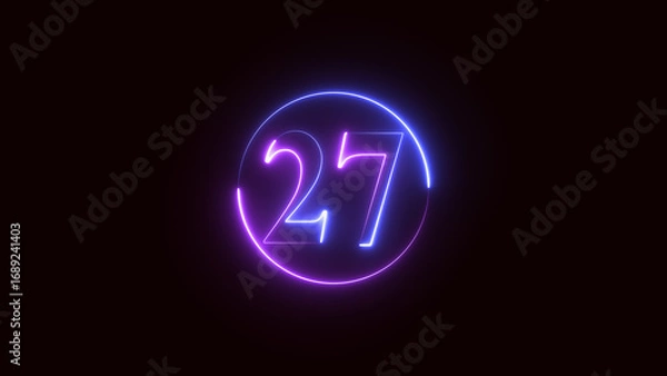 Fototapeta neon text number 27 countdown icon. Glowing neon sign number 27 on black background with alpha channel