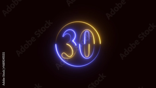 Fototapeta Neon Glowing Countdown Number 30 Animation, Neon Countdown 30 on black background, 4k video
