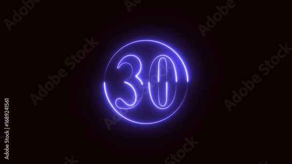 Fototapeta Neon Glowing Countdown Number 30 Animation, Neon Countdown 30 on black background, 4k video