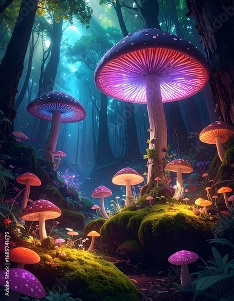Obraz Magical glowing mushrooms in a vibrant forest