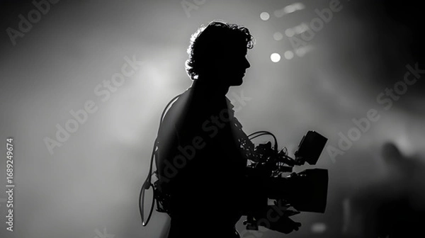 Fototapeta Silhouette professional videographer, photographer holding a camera and capturing live scene footage with a fog spotlight background. Film set cinematographer, holding a professional camera rig 