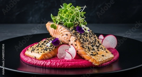Fototapeta Gourmet Seared Salmon Fillets with Beet Puree and Radish Garnish