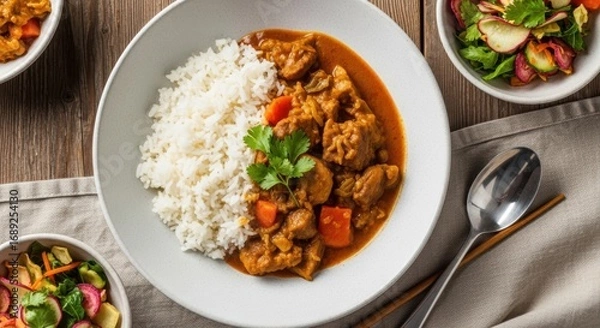 Fototapeta Savory Chicken Curry with Fluffy Rice and Fresh Salad Sides