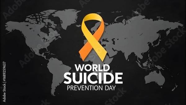 Fototapeta World suicide prevention day awareness with a glowing orange and yellow ribbon superimposed on a world map, symbolizing global support and hope
