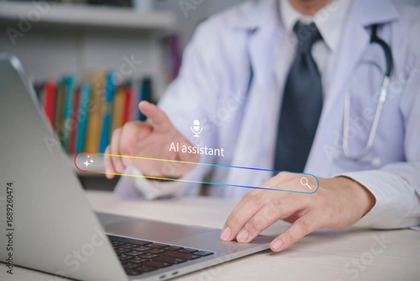 Obraz AI assistant technology helps doctor using laptop in hospital office, providing digital healthcare solutions, online medical consultation, and innovative telemedicine concept.