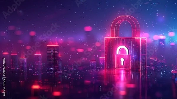 Fototapeta Secure digital city skyline glowing with a prominent neon lock symbol, representing data protection