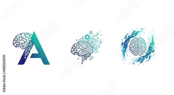 Fototapeta Artificial intelligence brain logo designs with circuitry and gradients