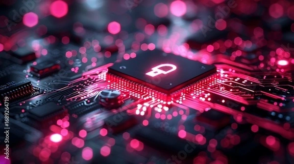 Fototapeta Secure digital technology illuminated by vibrant pink circuitry, symbolizing data protection and innovation.