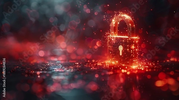Fototapeta Dynamic digital padlock glowing with intense red light, symbolizing cybersecurity and data protection.