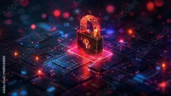 Fototapeta Glowing digital padlock symbolizes cybersecurity and data protection in a futuristic tech landscape