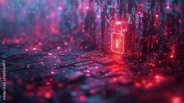 Fototapeta Glowing digital padlock secures vibrant data streams in futuristic cyberspace, symbolizing protection.