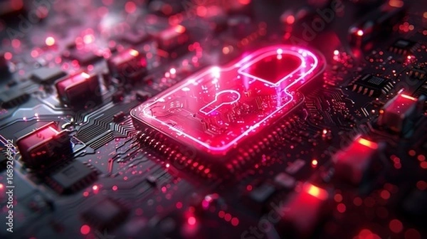 Fototapeta Secure digital data protection with glowing neon padlock on circuit board background