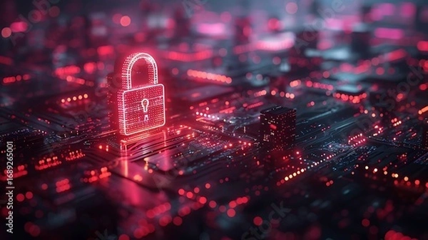 Fototapeta Secure digital padlock glowing on intricate circuit board with vibrant red data streams