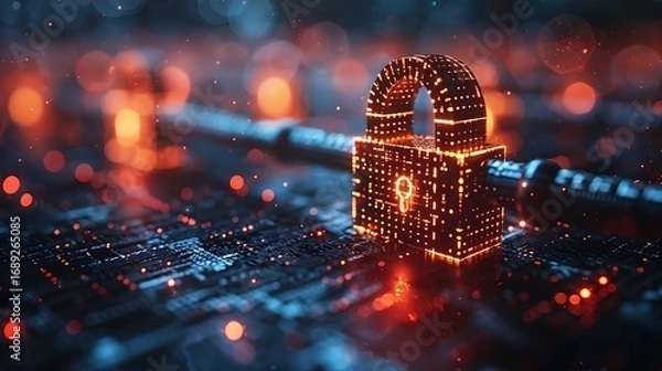 Fototapeta Secure your digital world with a glowing padlock on a circuit board, symbolizing data protection and cybersecurity.