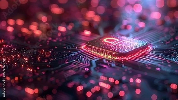 Fototapeta Dynamic glowing microchip on circuit board, symbolizing digital innovation and advanced technology