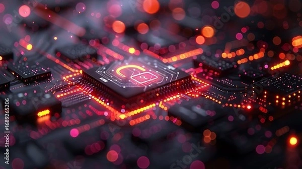 Fototapeta Digital padlock secures glowing circuit board with vibrant neon data streams creating secure network
