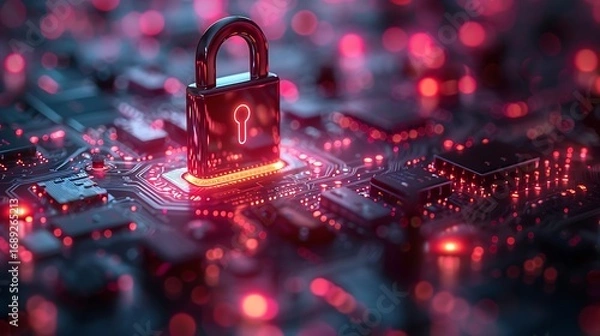 Fototapeta Digital padlock secures glowing circuit board with vibrant neon data streams creating secure network