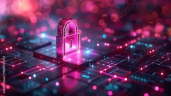 Fototapeta Digital padlock secured on futuristic circuit board with vibrant neon lights