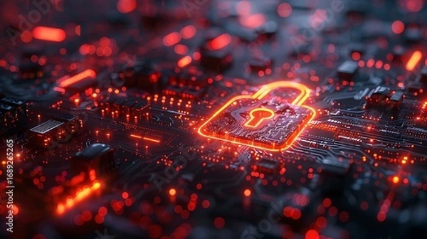 Fototapeta Glowing digital padlock symbolizes cyber security and data protection on abstract circuit board