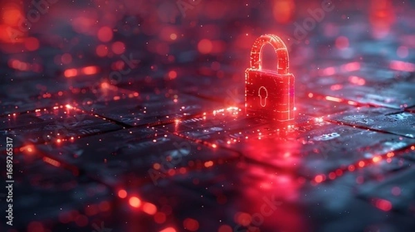 Fototapeta Protecting digital assets with glowing red padlock on futuristic circuit board background