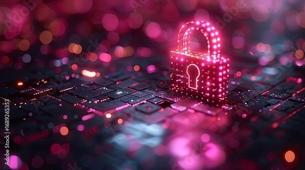 Fototapeta Secure your digital world with this vibrant, glowing padlock on a futuristic circuit board.