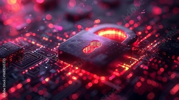 Fototapeta Secure digital data protection visualized with glowing digital lock and circuit board
